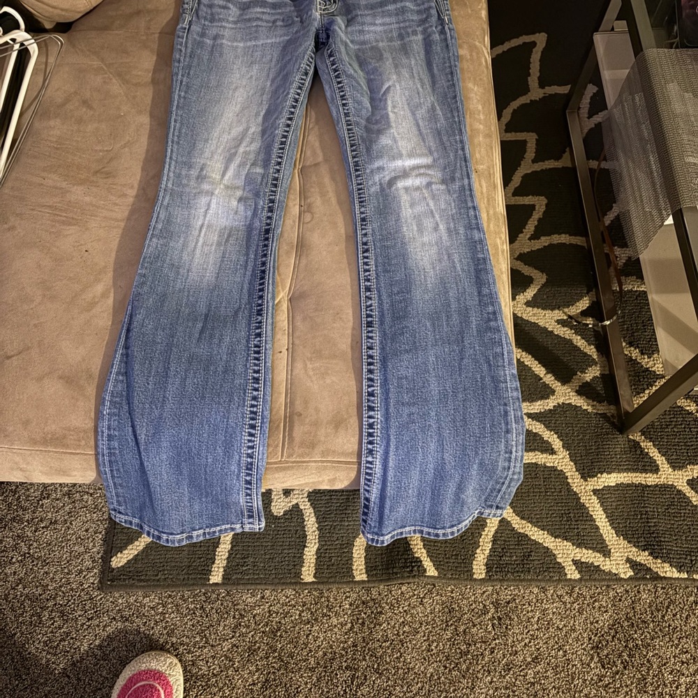 Miss Me Blue Boot Cut Jeans with Distressing and Contrast Stitching Size 29